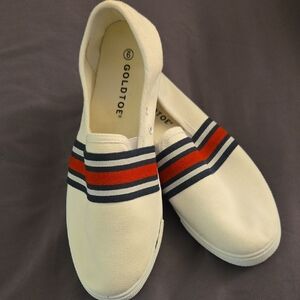 Gold Toe White Flats with Red and Blue Stripes